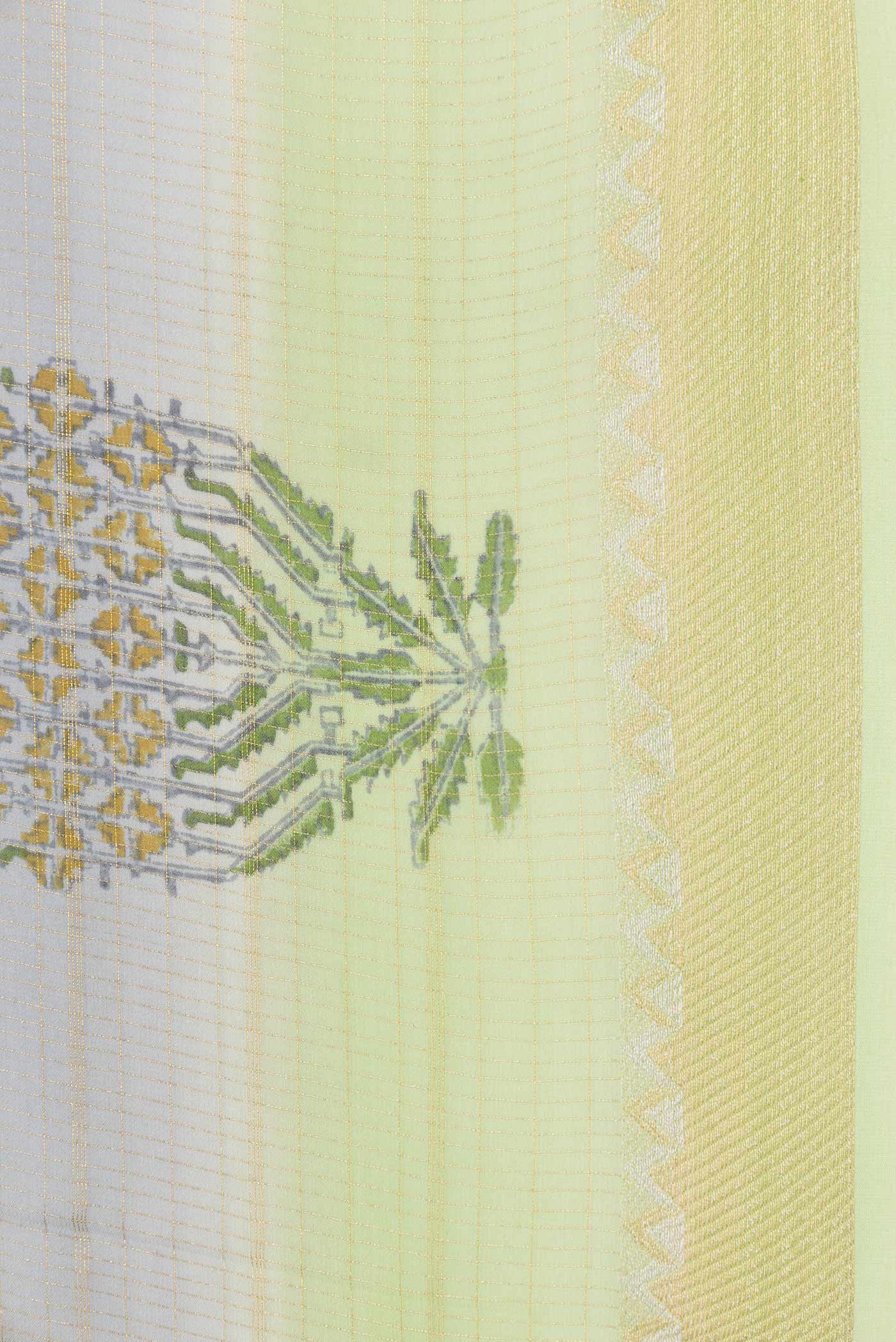 Border image of Green, Yellow and Lavender Color Mysore Georgette Saree with Checked design on the body and Zari Border