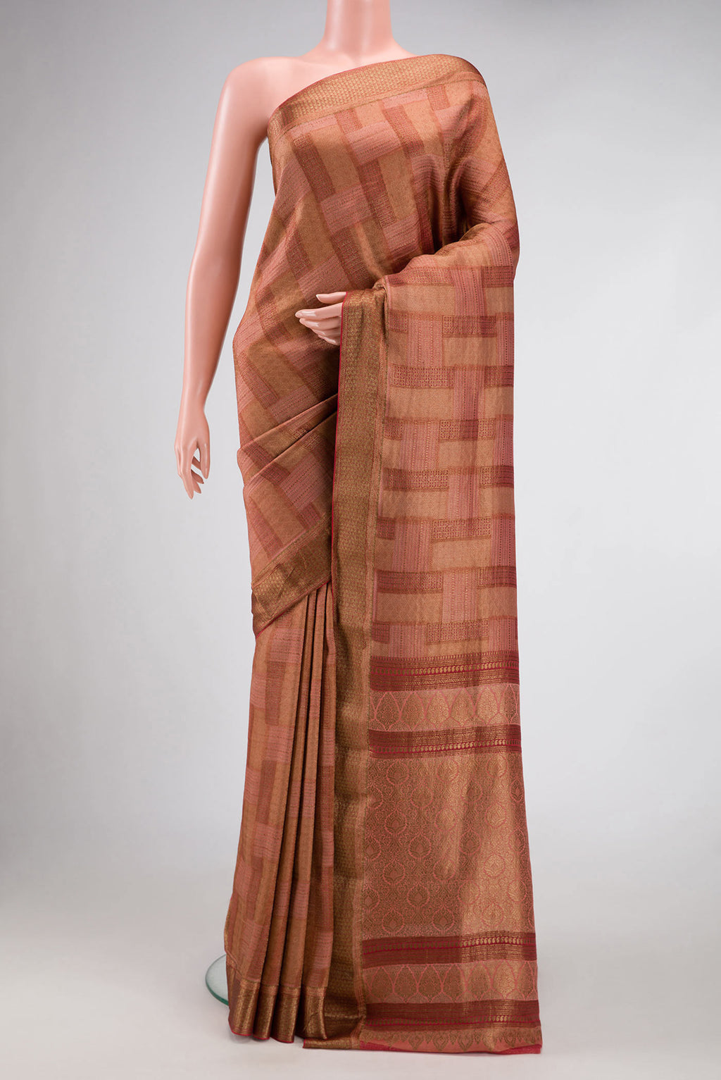 Maroon Dual Tone Banarasi Georgette Saree with Zari Brocade on the body and Zari Border.  displayed on a mannequin