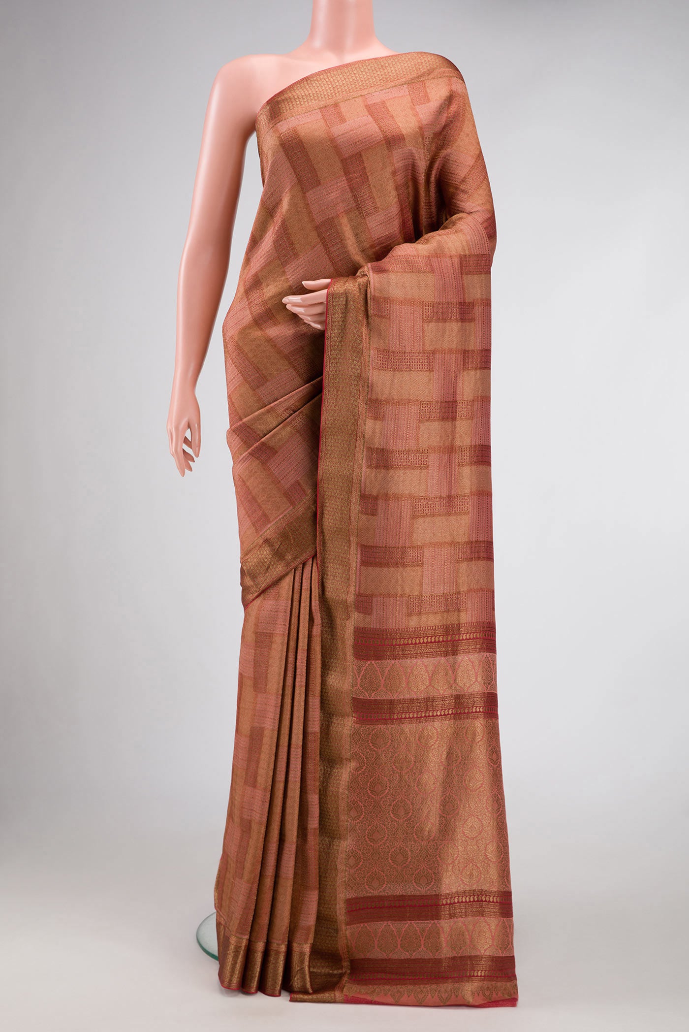 Maroon Dual Tone Banarasi Georgette Saree with Zari Brocade on the body and Zari Border.  displayed on a mannequin