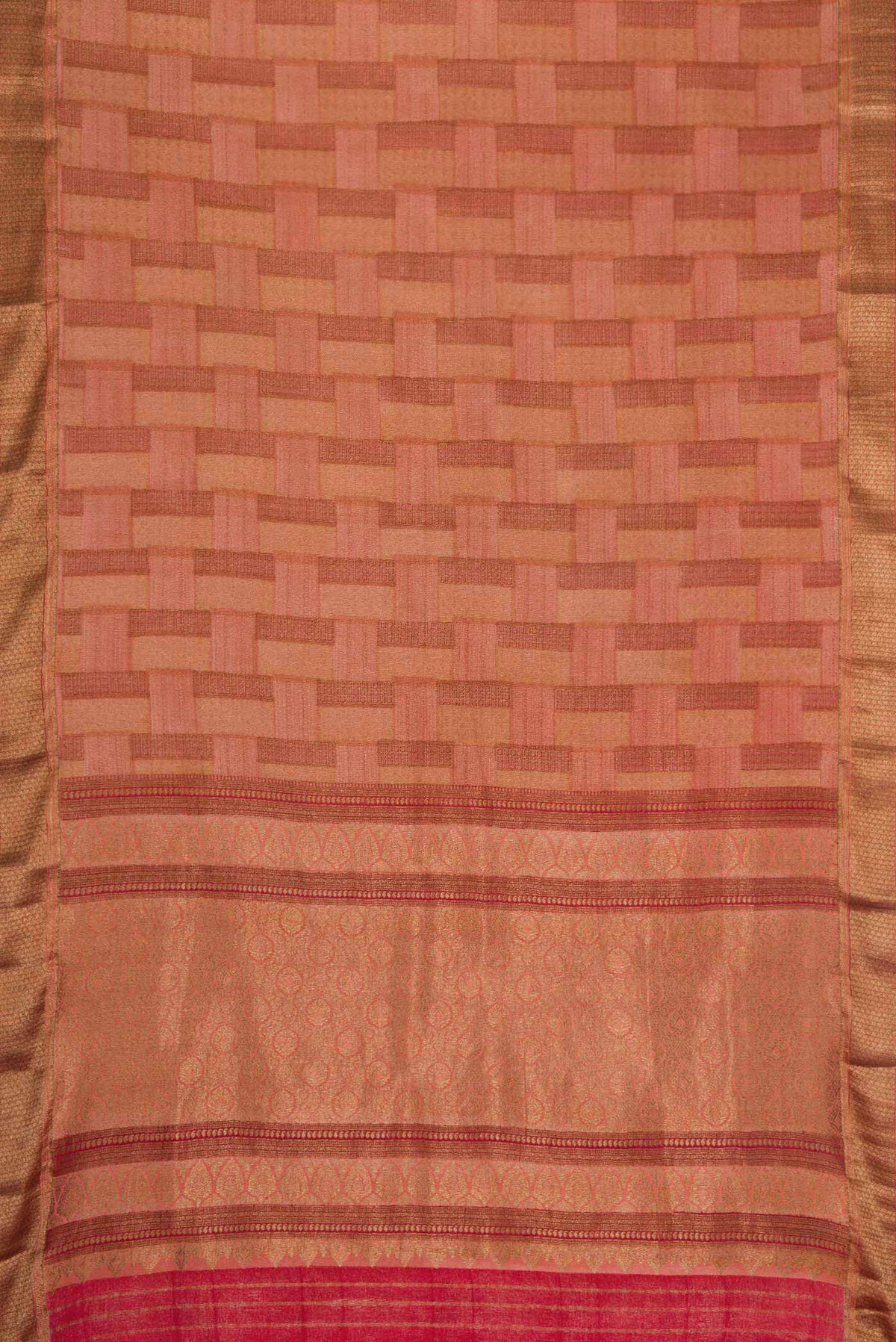 Flat view of Maroon Dual Tone Banarasi Georgette Saree with Zari Brocade on the body and Zari Border. 
