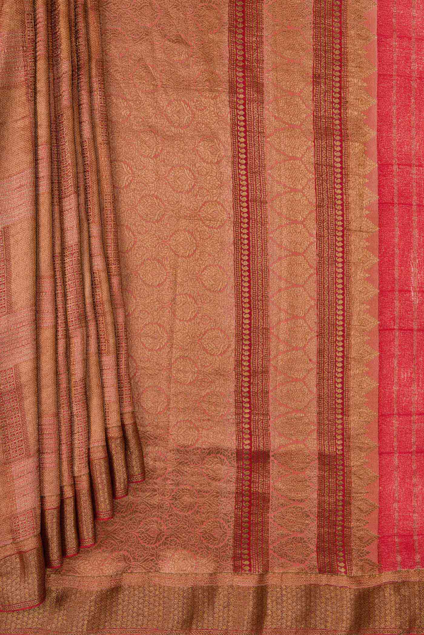 Pleats and pallu of Maroon Dual Tone Banarasi Georgette Saree with Zari Brocade on the body and Zari Border. 