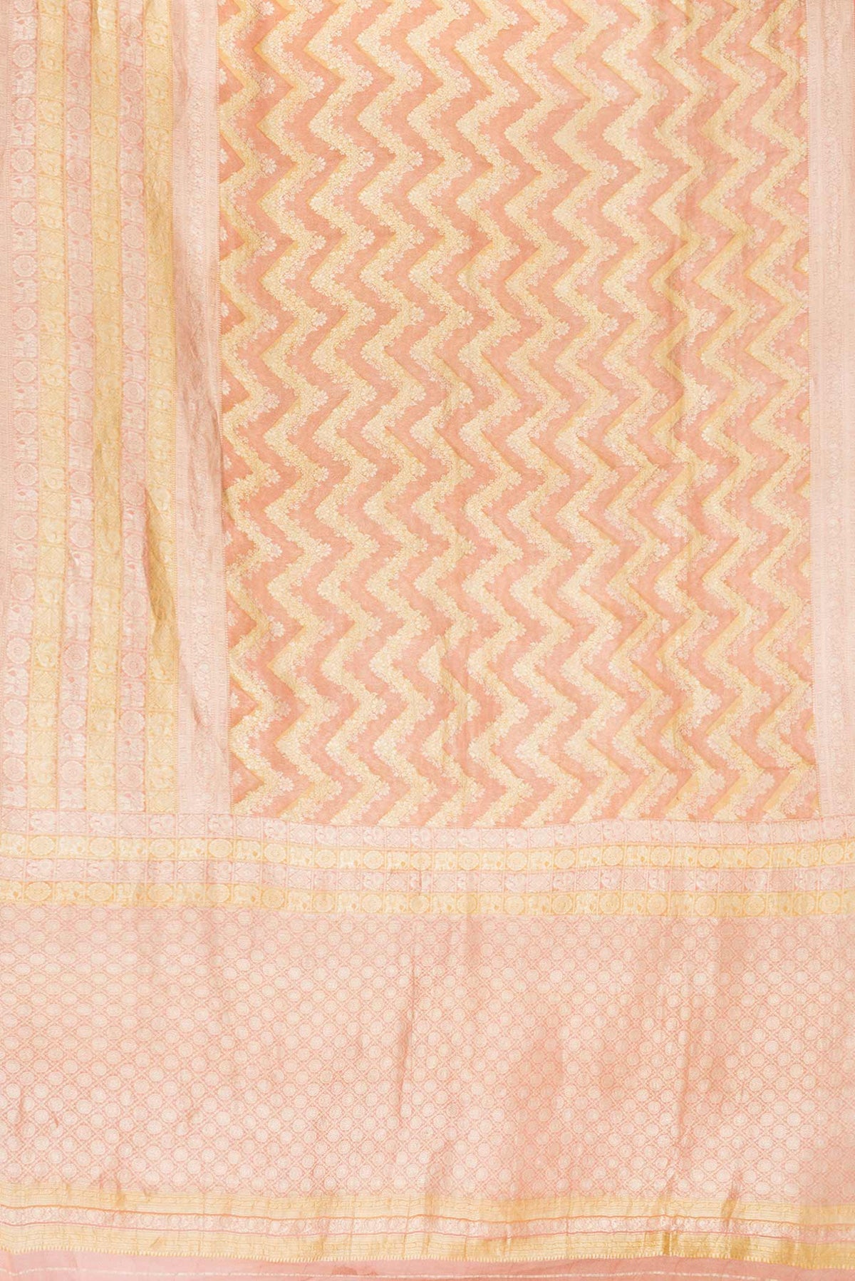 Flat view of Golden Peach Dual Tone Mysore Georgette Saree with Zari Butta on the body and Zari Border