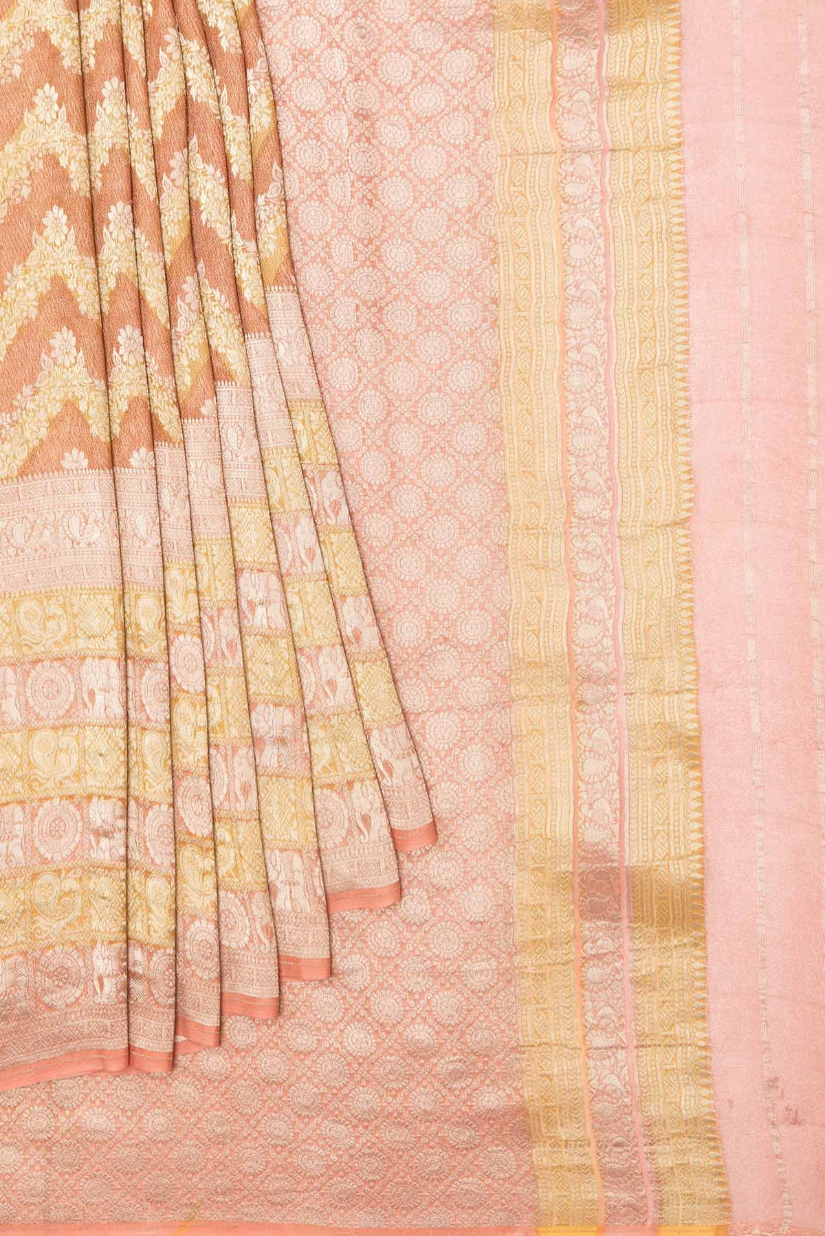 Pleats and pallu of Golden Peach Dual Tone Mysore Georgette Saree with Zari Butta on the body and Zari Border