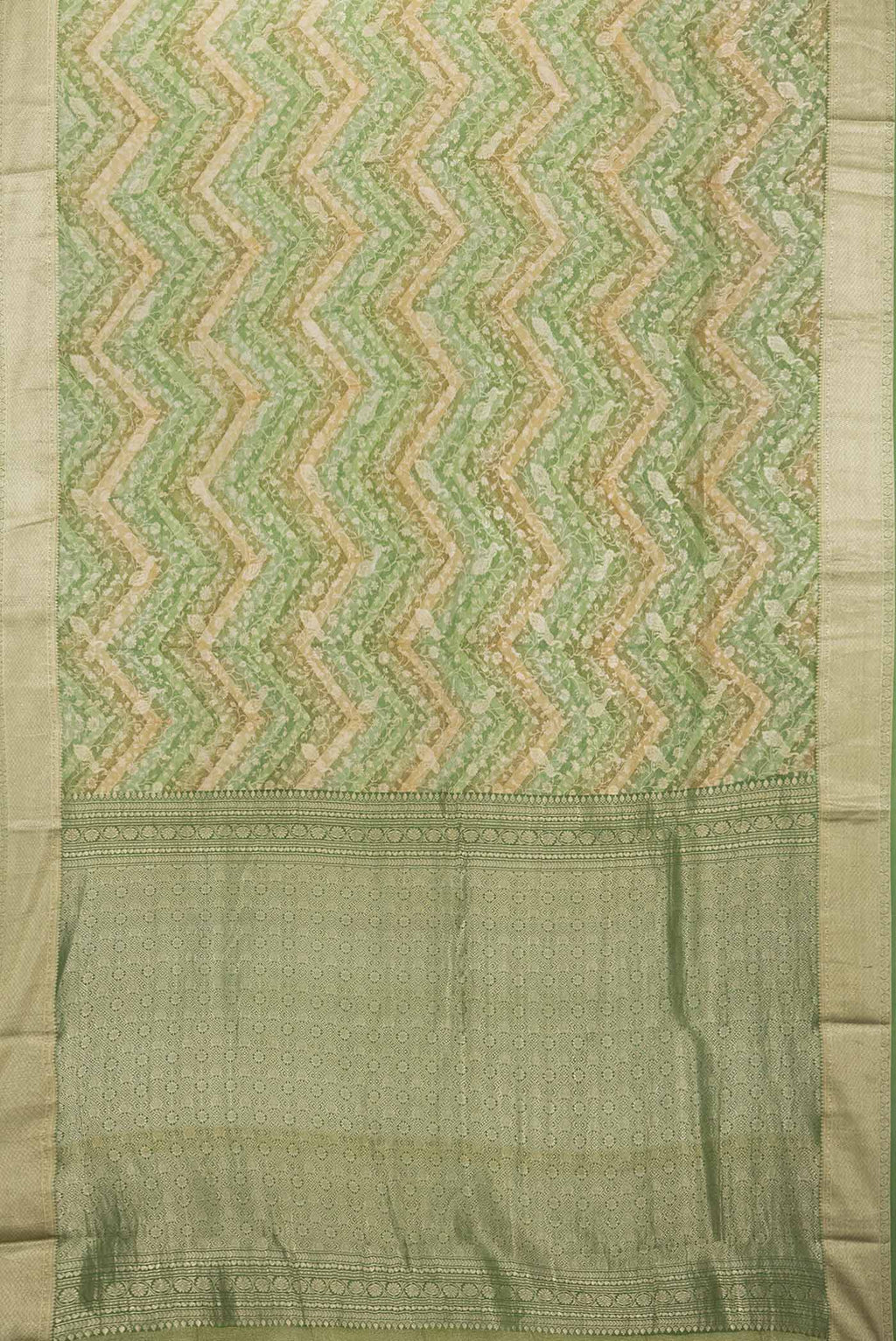 Flat view of Green Mysore Crepe Saree with Zari Brocade on the body and Zari Border