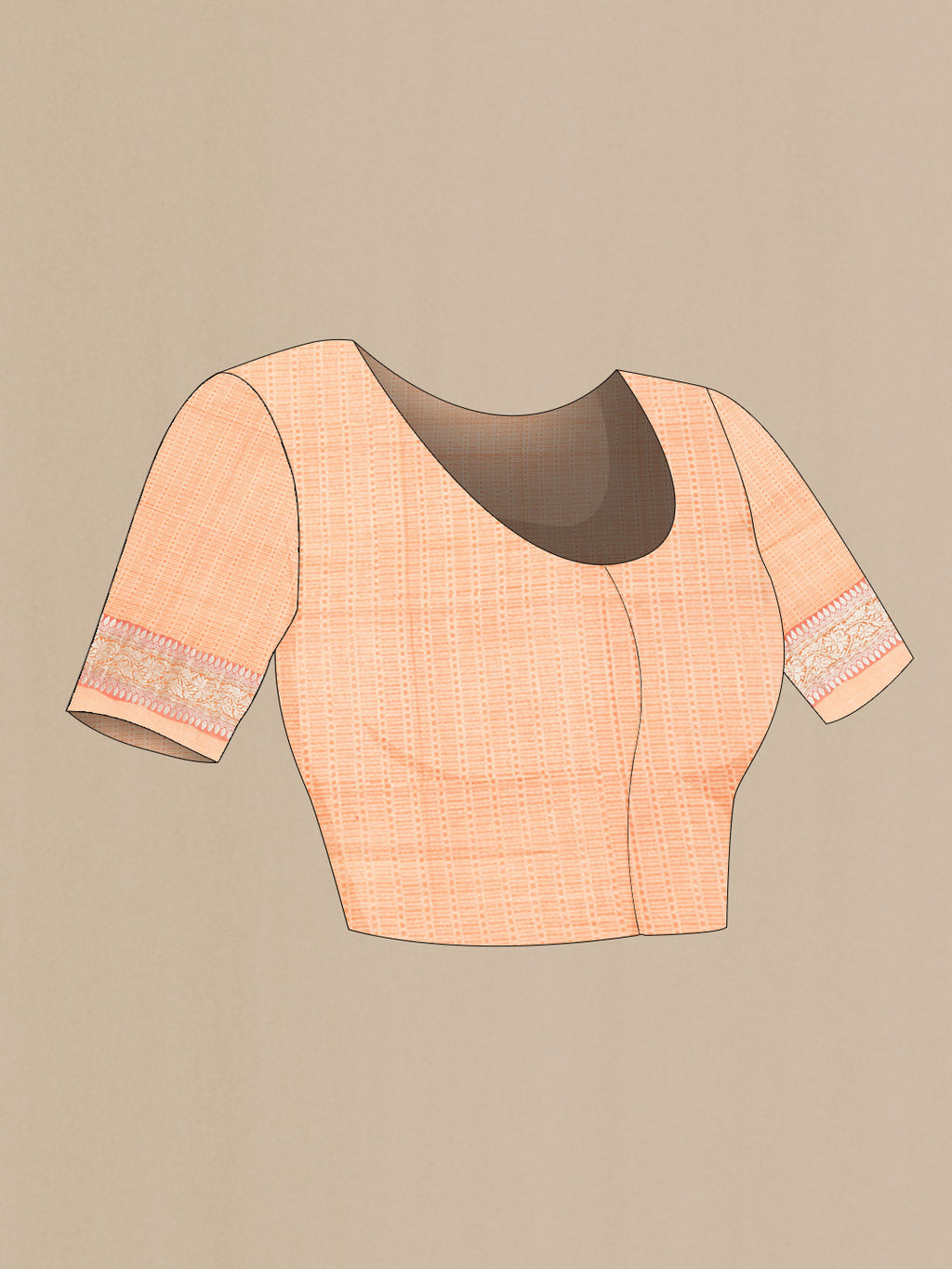 Close up image of the blouse of Golden Peach Dual Tone Banarasi Silk Saree with Zari Brocade on the body and Zari Border. 