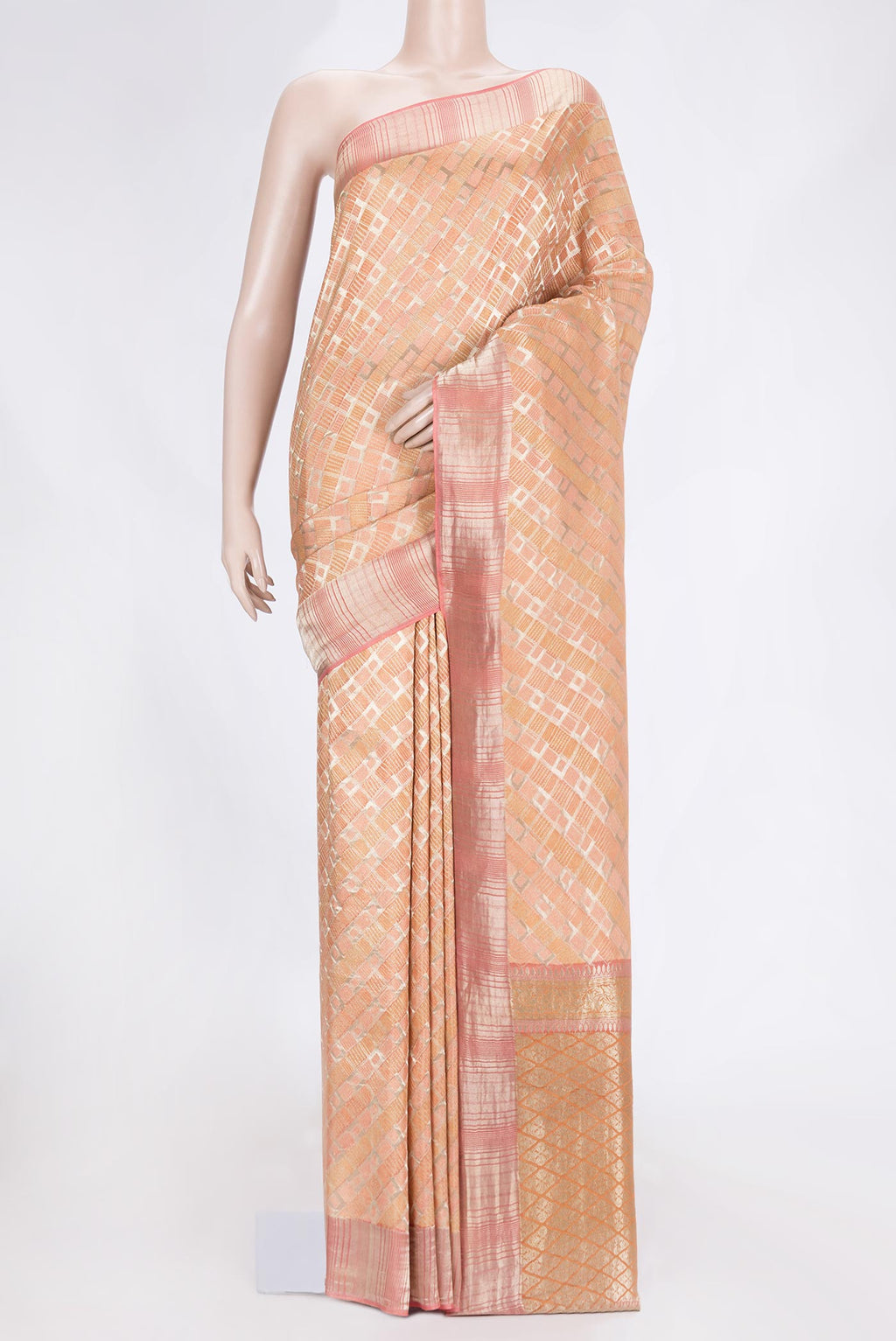 Golden Peach Dual Tone Banarasi Silk Saree with Zari Brocade on the body and Zari Border.  displayed on a mannequin