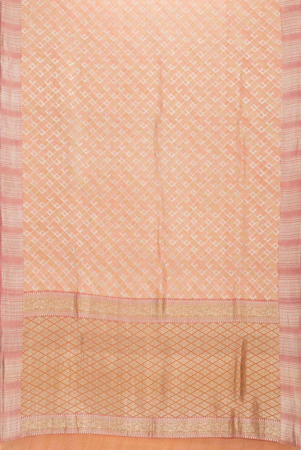 Flat view of Golden Peach Dual Tone Banarasi Silk Saree with Zari Brocade on the body and Zari Border. 