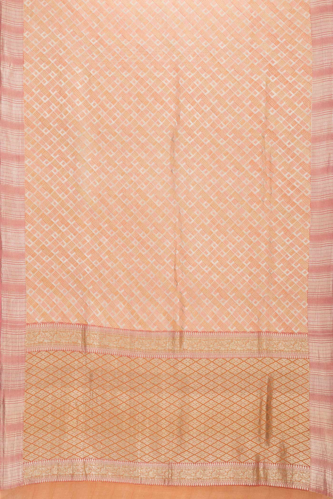 Flat view of Golden Peach Dual Tone Banarasi Silk Saree with Zari Brocade on the body and Zari Border. 