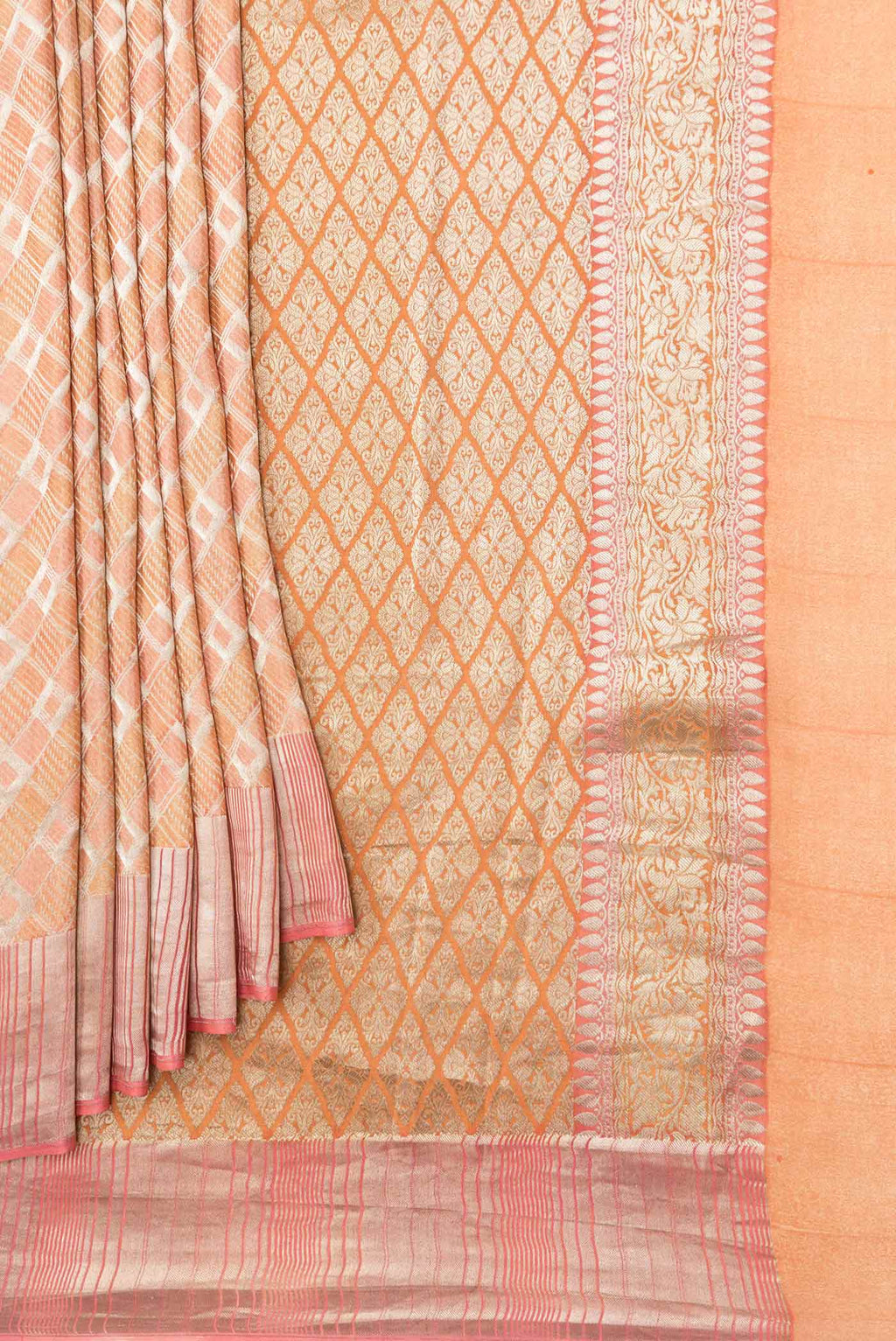Pleats and pallu of Golden Peach Dual Tone Banarasi Silk Saree with Zari Brocade on the body and Zari Border. 