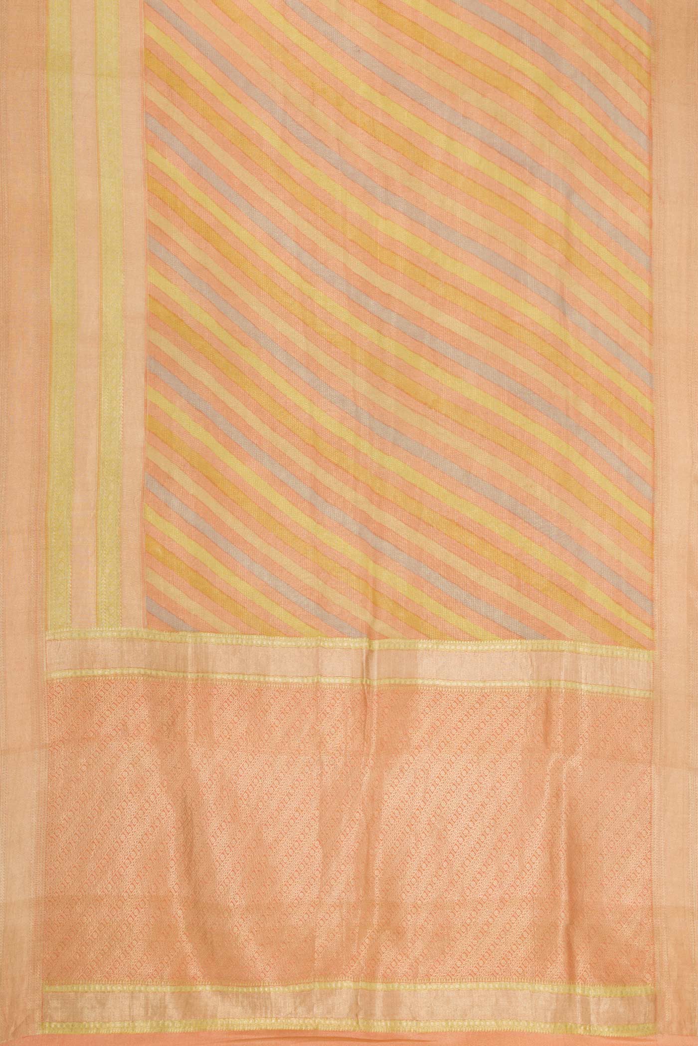 Flat view of Peach, Green and Pista Green Color Banarasi Georgette Saree with Zari Brocade on the body and Zari Border. 