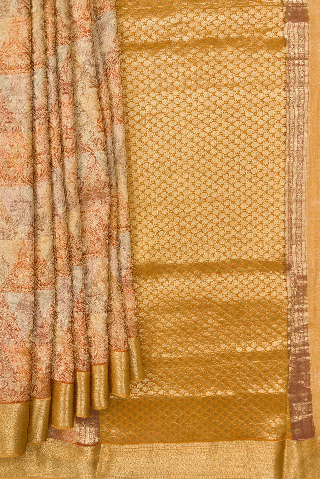 Pleats and pallu of Gold Dual Tone Mysore Georgette Saree with Zari Brocade on the body and Zari Border. 