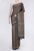 Grey Dual Tone Tussar Silk Saree with Printed design on the body and Embroidery Border.  displayed on a mannequin