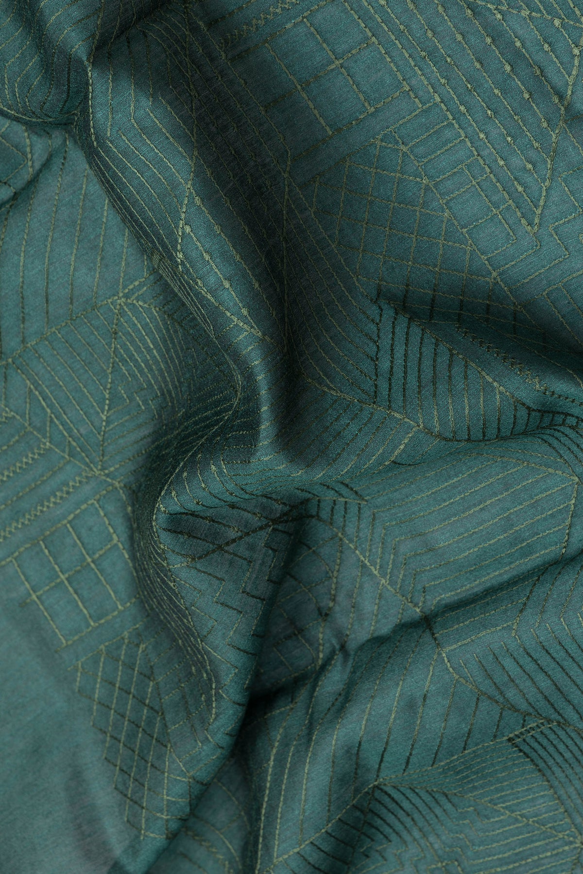 Close up of Green Dual Tone Tussar Silk Saree with Embroidery on the body and Fancy Border.  displaying folds