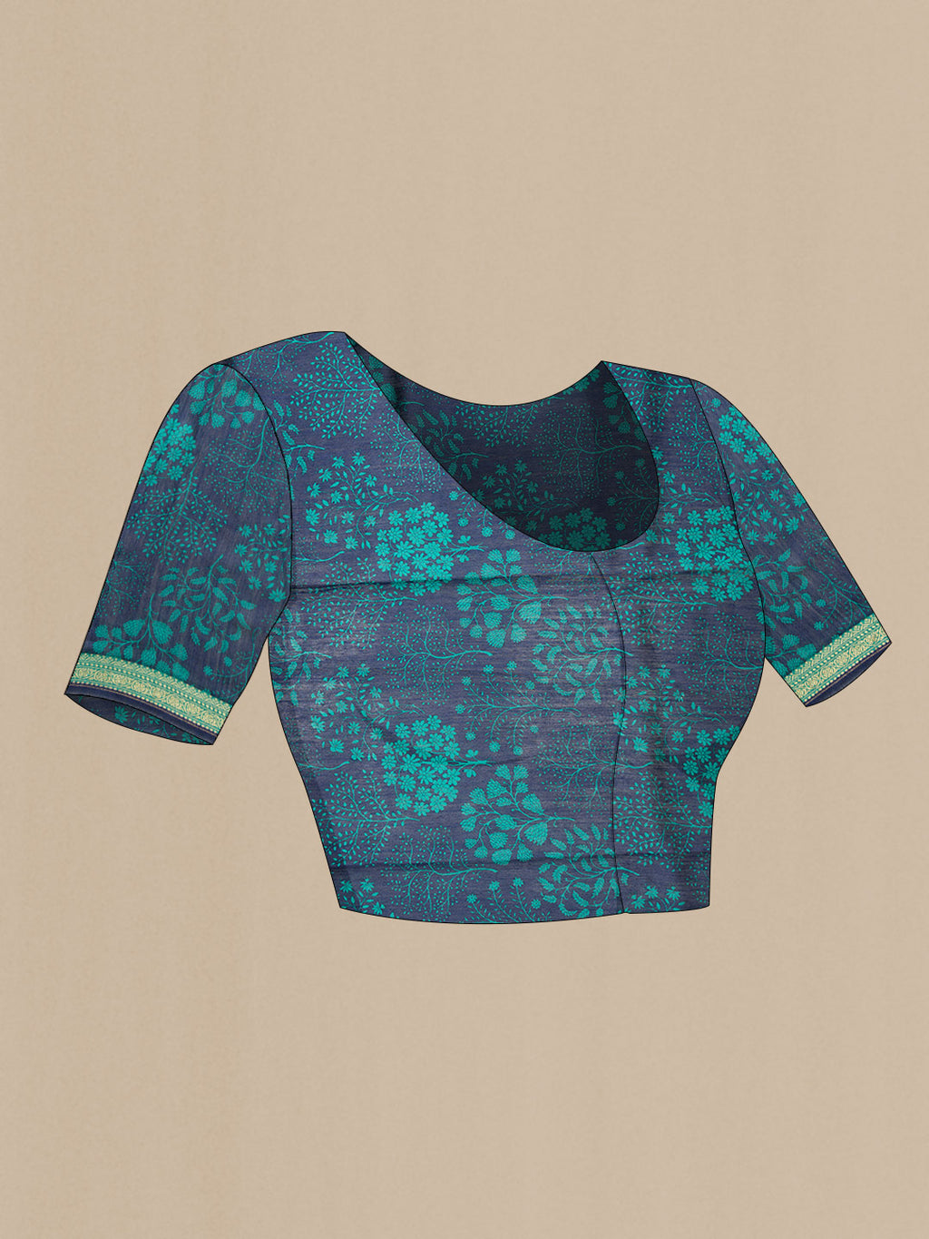 Close up image of the blouse of Navy Blue Dual Tone Tussar Silk Saree with Printed design on the body and Zari Border. 