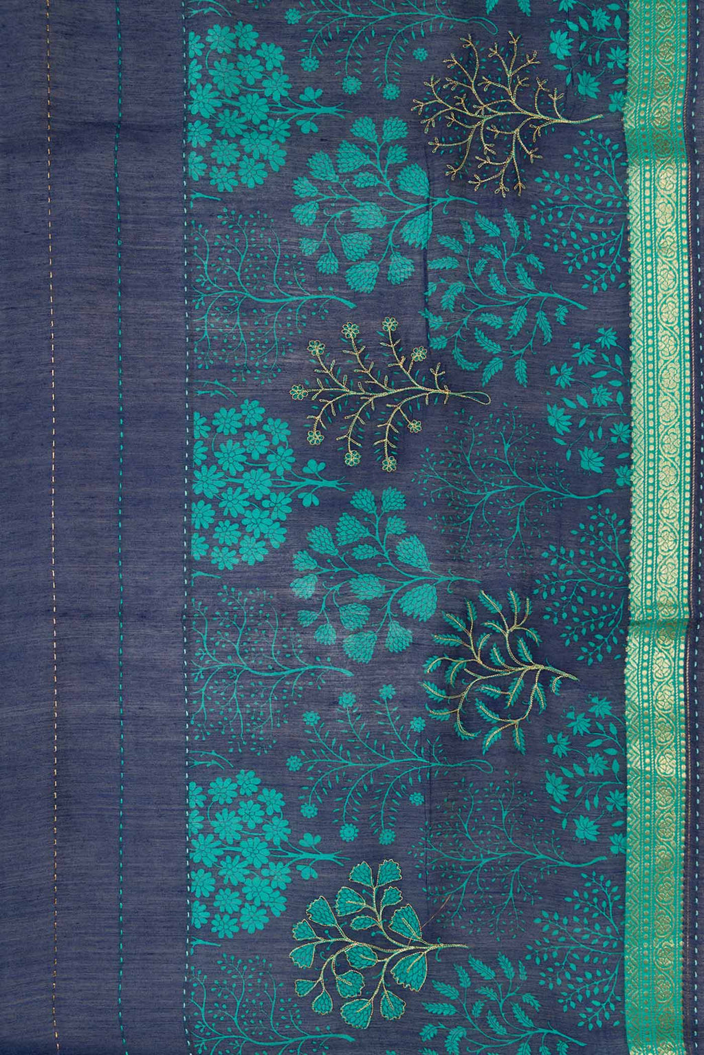 Border image of Navy Blue Dual Tone Tussar Silk Saree with Printed design on the body and Zari Border. 