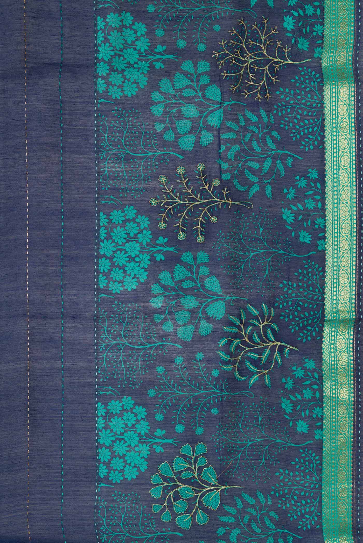 Border image of Navy Blue Dual Tone Tussar Silk Saree with Printed design on the body and Zari Border. 