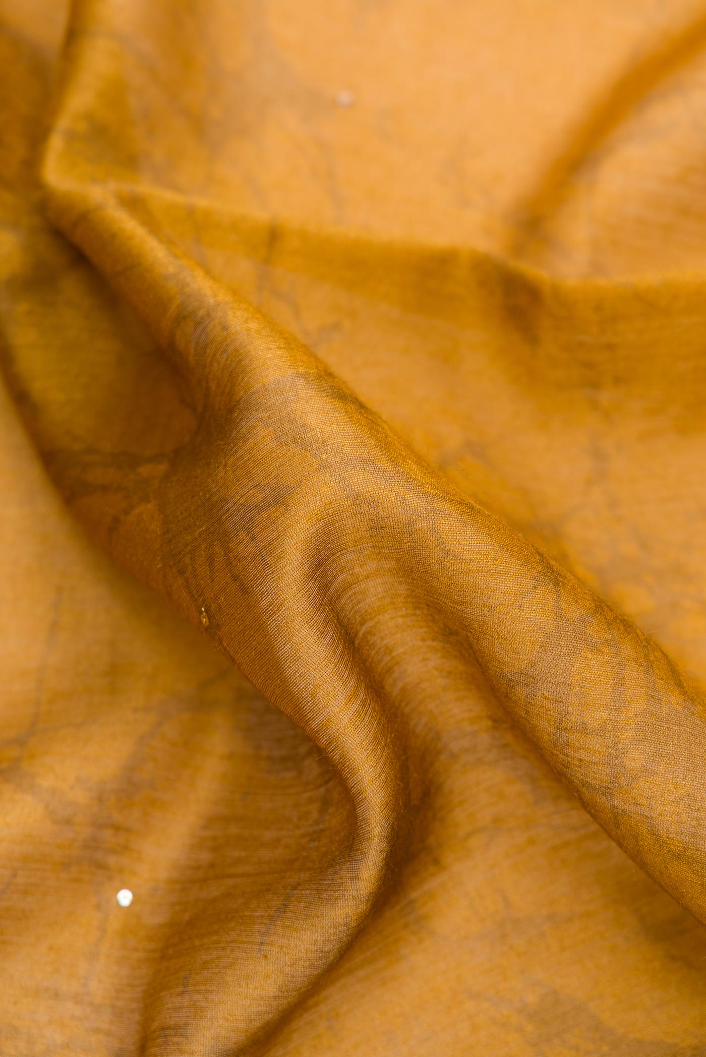 Close up of Mustard Dual Tone Tussar Silk Saree with Printed design on the body and Zari Border.  displaying folds