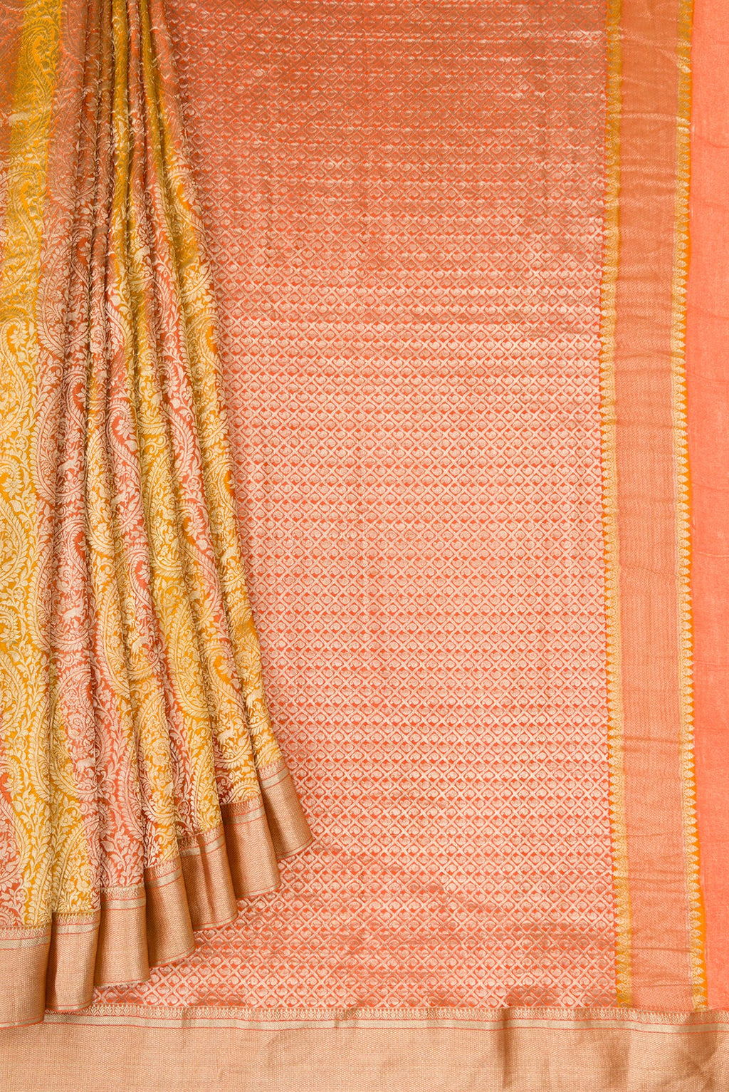 Pleats and pallu of Mustard Dual Tone Tussar Silk Saree with Zari Brocade on the body and Zari Border. 