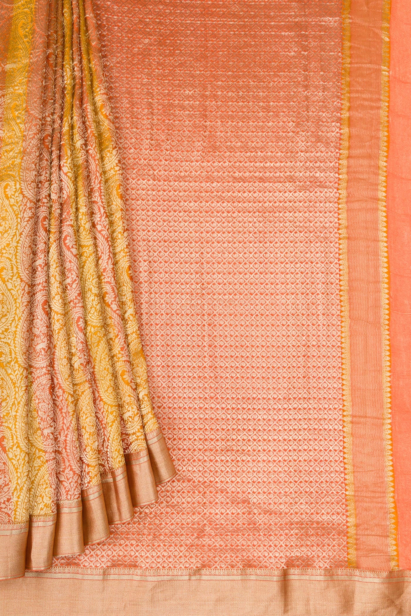Pleats and pallu of Mustard Dual Tone Tussar Silk Saree with Zari Brocade on the body and Zari Border. 