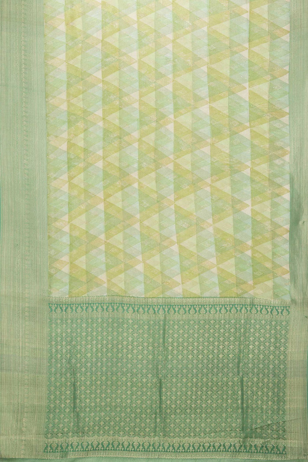 Flat view of Green Dual Tone Mysore Crepe Saree with Printed design on the body and Zari Border