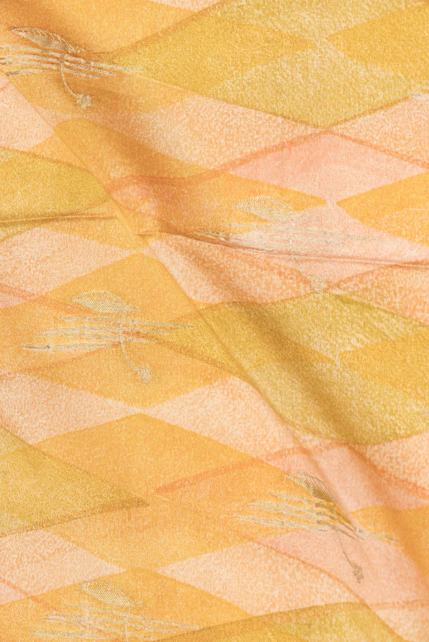 Close up of Mustard Dual Tone Mysore Georgette Saree with Printed design on the body and Zari Border displaying folds