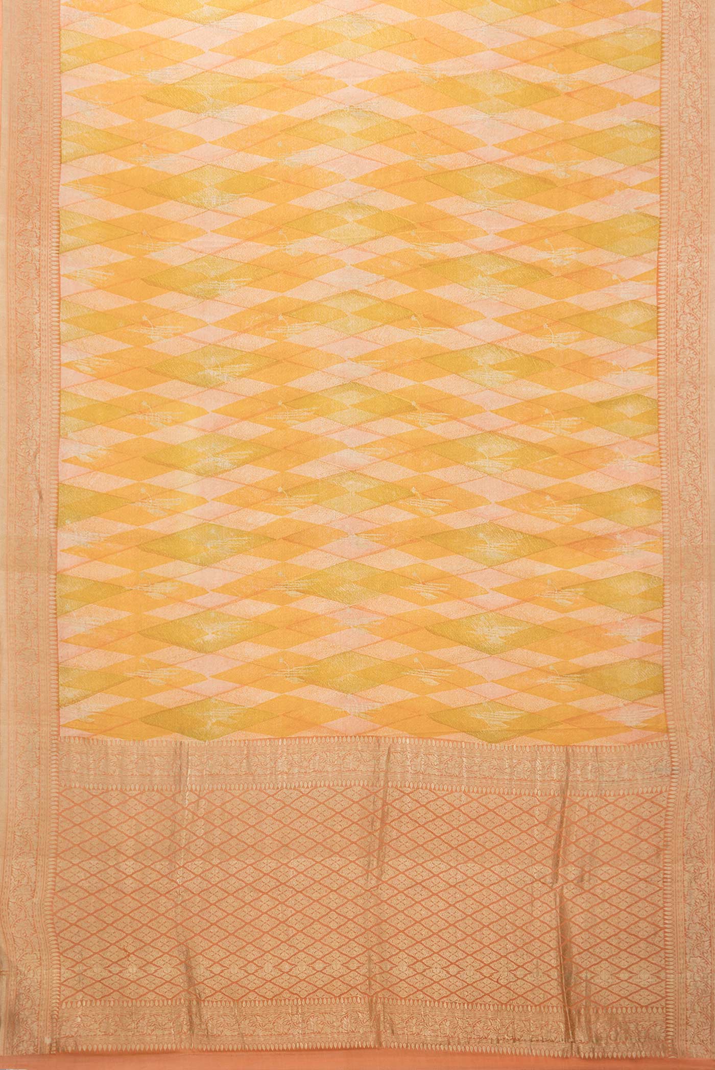 Flat view of Mustard Dual Tone Mysore Georgette Saree with Printed design on the body and Zari Border