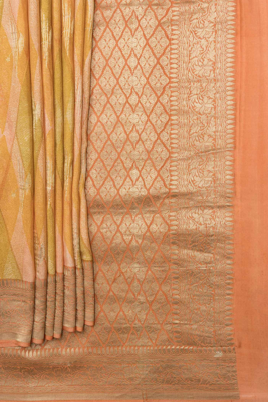 Pleats and pallu of Mustard Dual Tone Mysore Georgette Saree with Printed design on the body and Zari Border