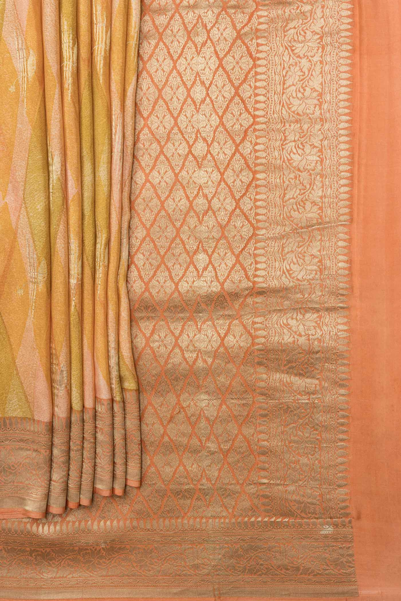 Pleats and pallu of Mustard Dual Tone Mysore Georgette Saree with Printed design on the body and Zari Border