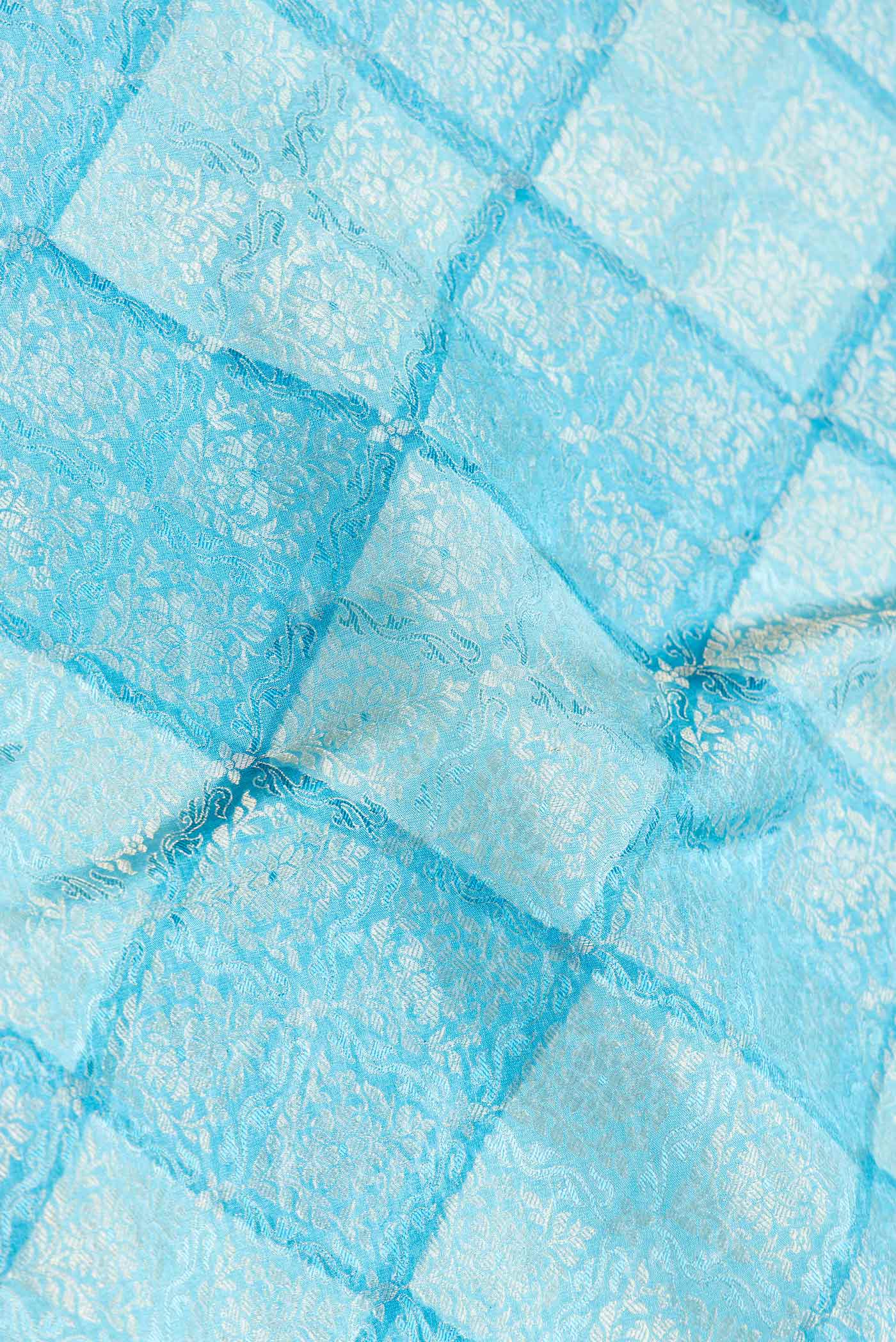 Close up of Sky Blue Dual Tone Banarasi Silk Saree with Zari Butta on the body and Zari Border.  displaying folds