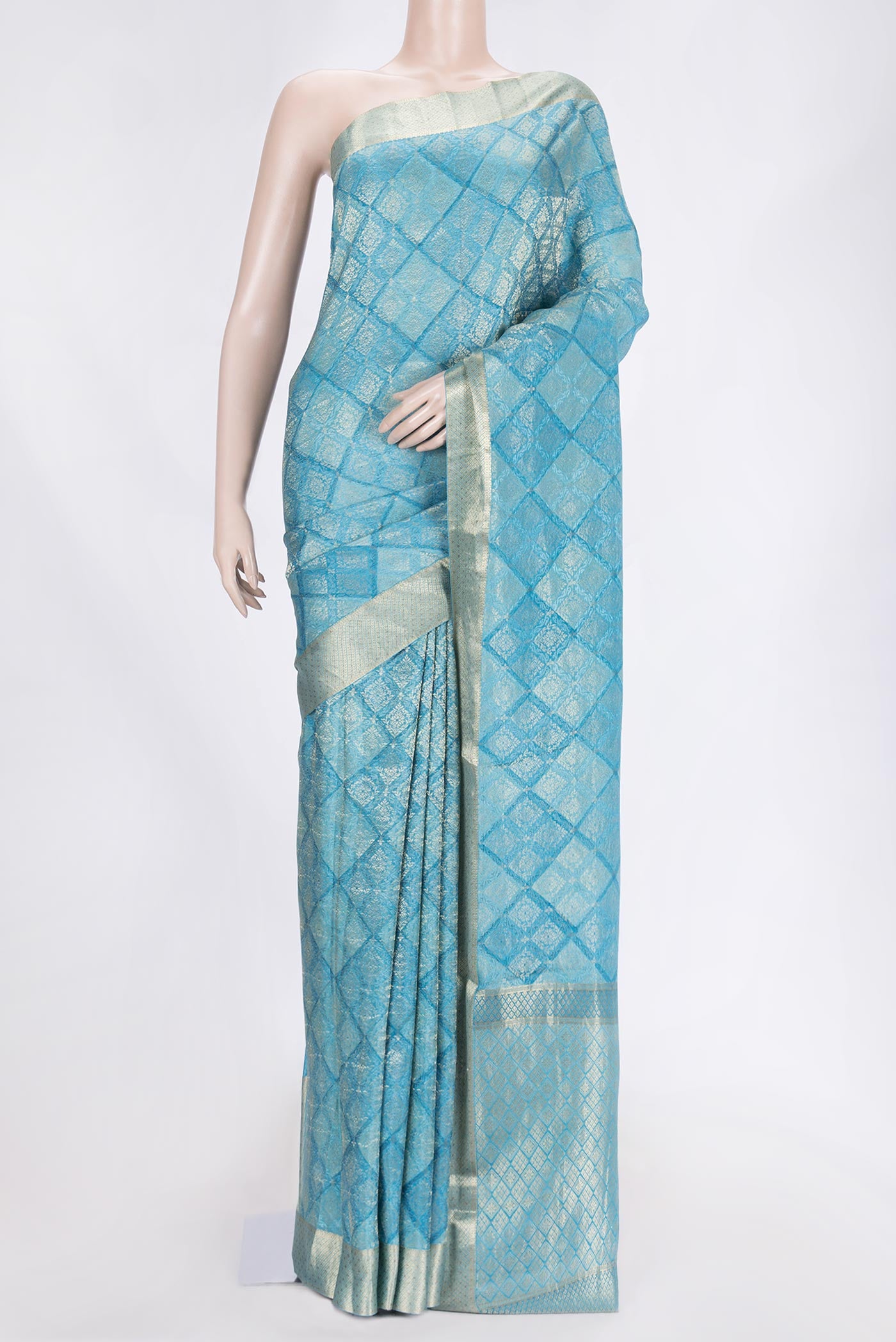 Sky Blue Dual Tone Banarasi Silk Saree with Zari Butta on the body and Zari Border.  displayed on a mannequin