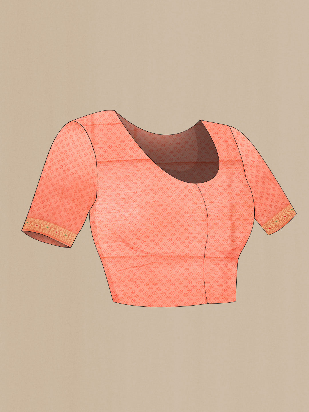 Close up image of the blouse of Pink Dual Tone Tussar Silk Saree with Printed design on the body and Zari Border. 