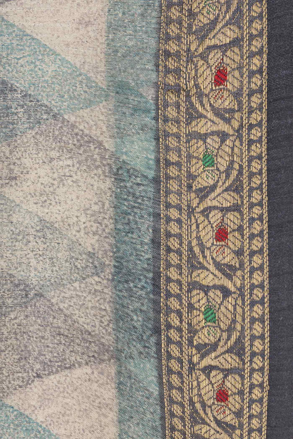 Border image of Blue and Grey Color Tussar Silk Saree with Printed design on the body and Zari Border. 