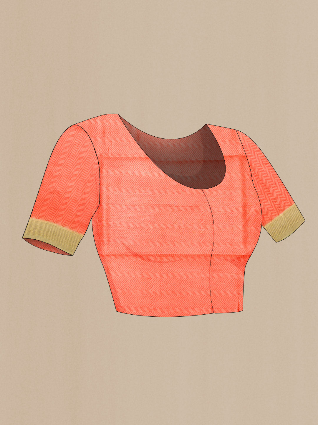 Close up image of the blouse of Peach Dual Tone Tussar Silk Saree with Printed design on the body and Zari Border. 