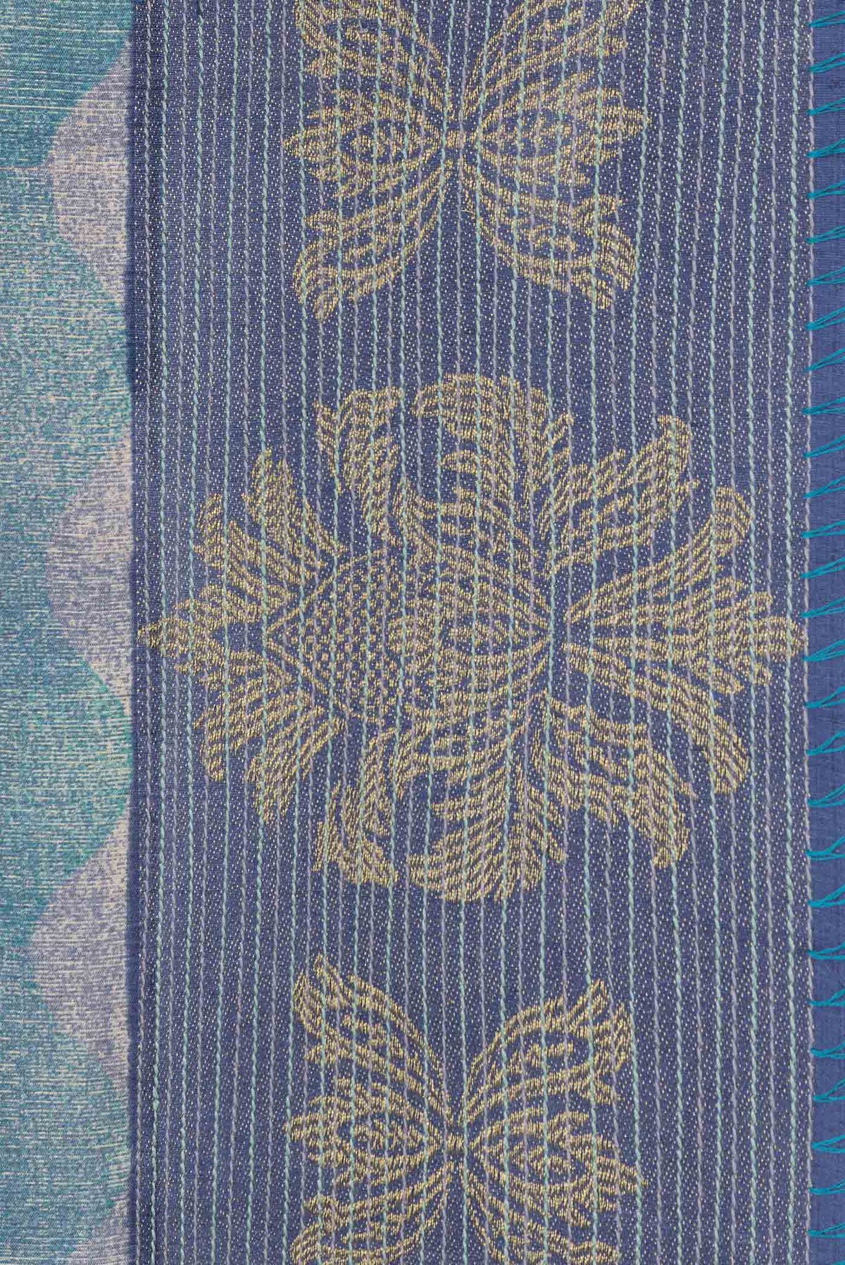 Border image of Blue and Grey Color Tussar Silk Saree with Printed design on the body and Zari Border. 
