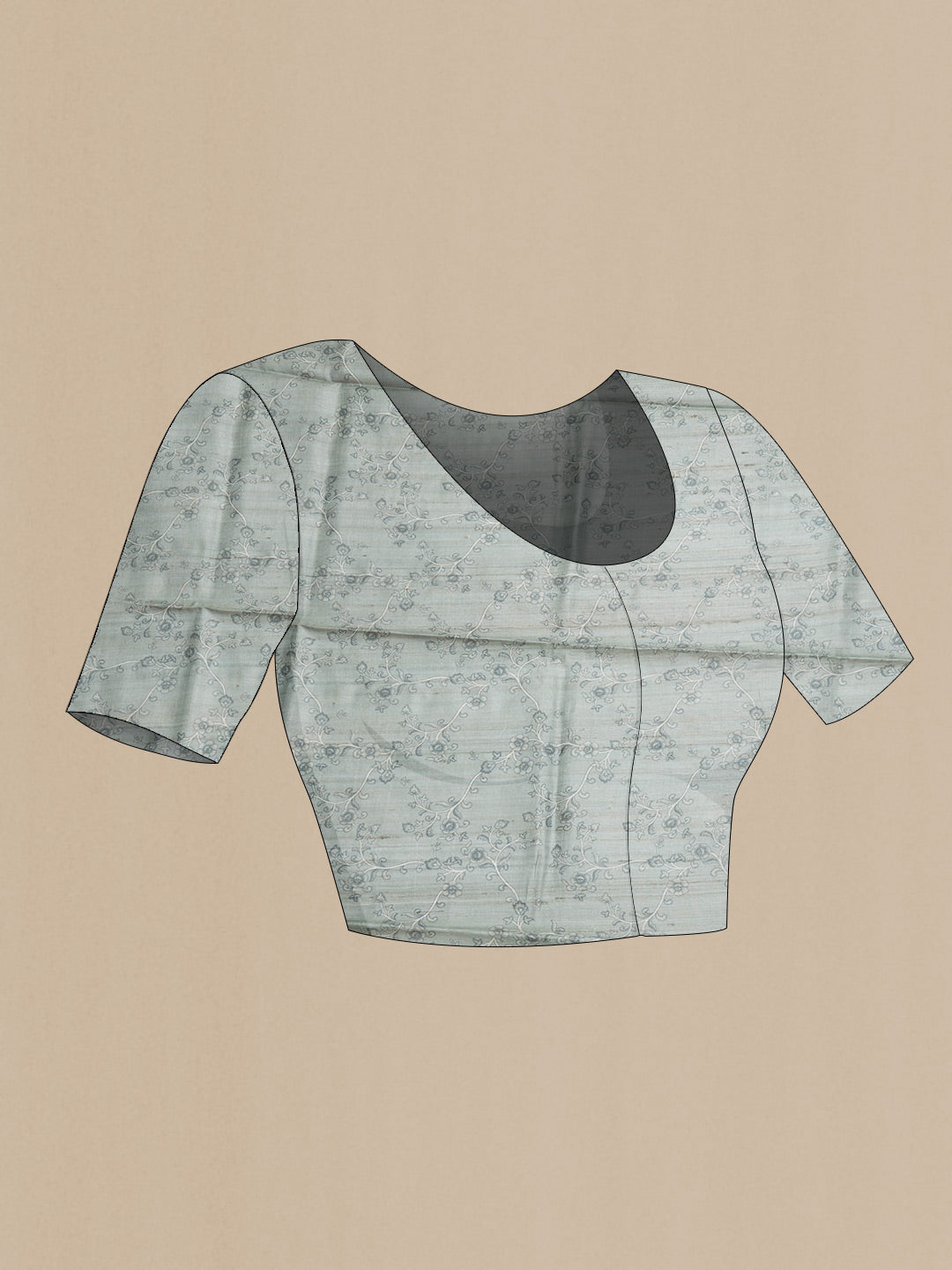 Close up image of the blouse of Grey Dual Tone Tussar Silk Saree with Printed design on the body and Embroidery Border