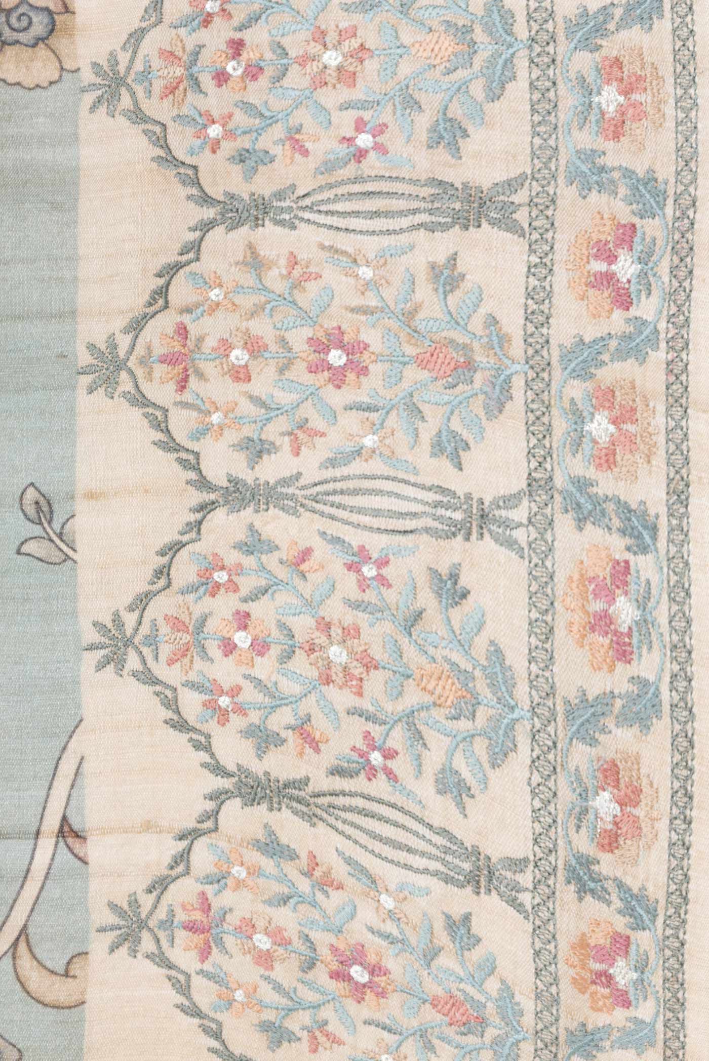 Border image of Grey Dual Tone Tussar Silk Saree with Printed design on the body and Embroidery Border