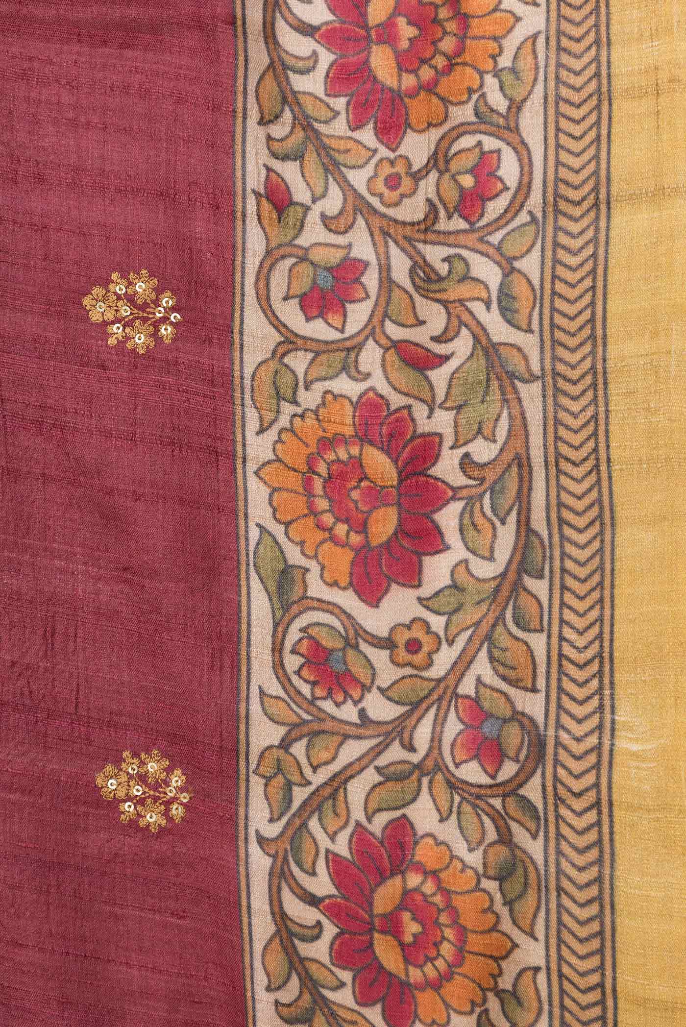 Border image of Maroon Dual Tone Tussar Silk Saree with Embroidery on the body and Printed Border