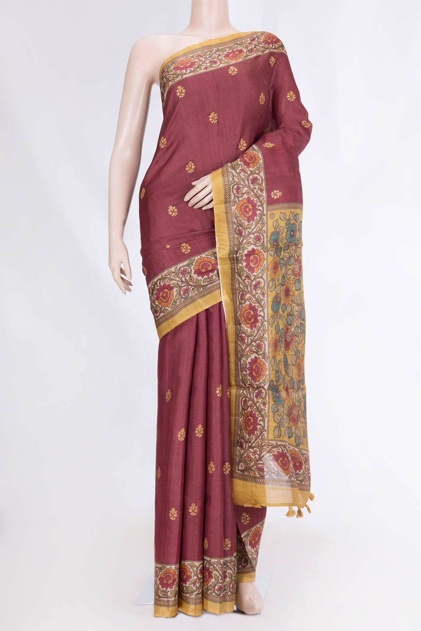 Maroon Dual Tone Tussar Silk Saree with Embroidery on the body and Printed Border displayed on a mannequin