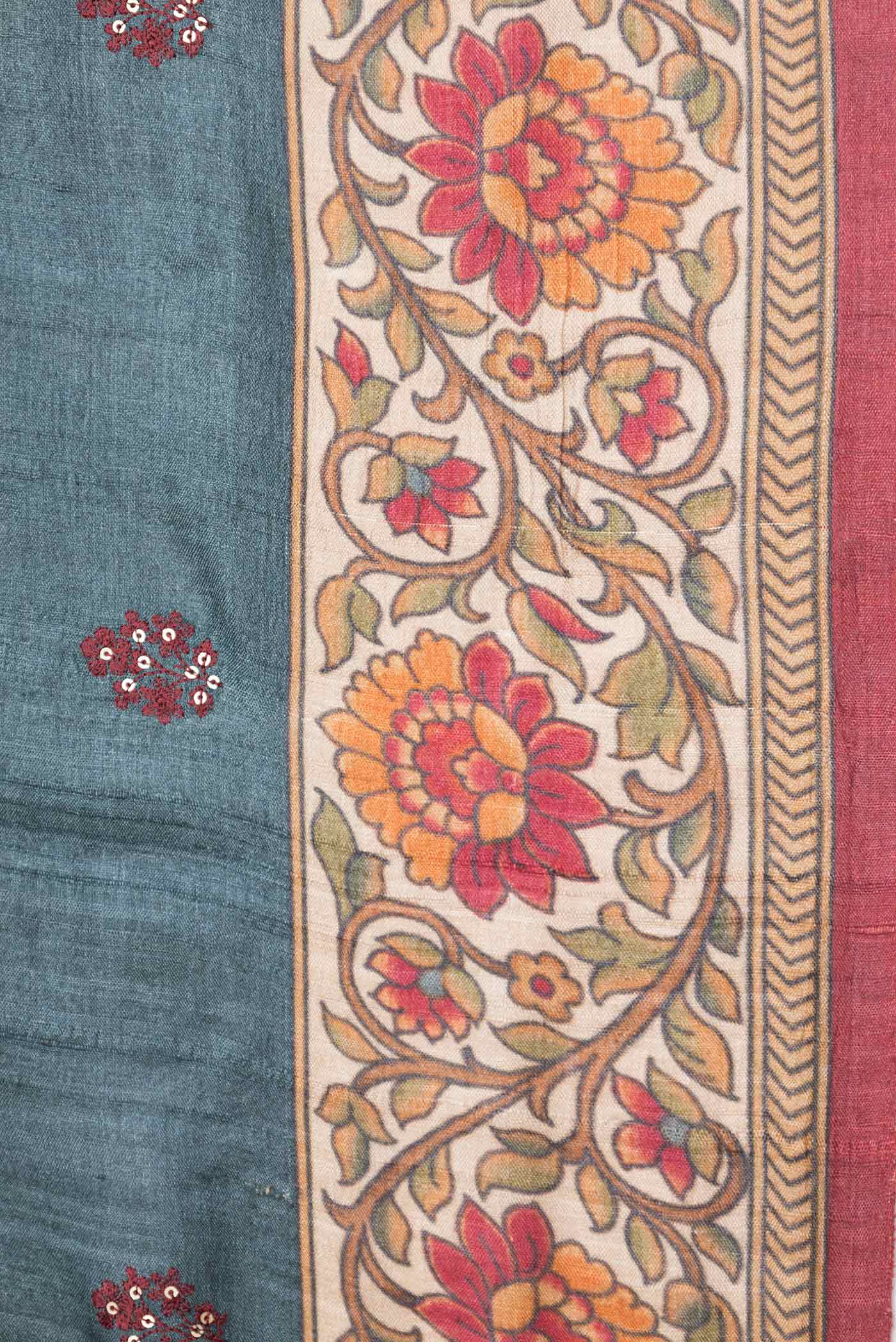 Border image of Grey Dual Tone Tussar Silk Saree with Embroidery on the body and Embroidery Border