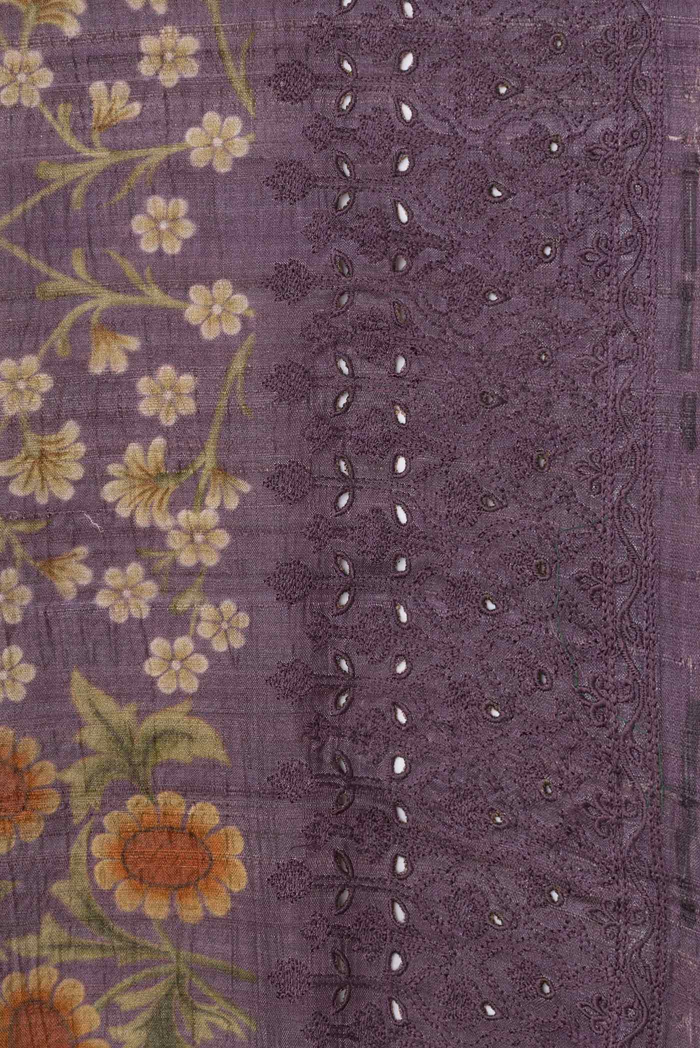 Border image of Lilac Tussar Silk Saree with Printed design on the body and Embroidery Border