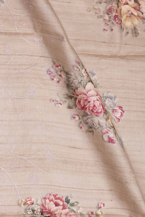 Close up of Beige Dual Tone Tussar Silk Saree with Embroidery on the body and Embroidery Border displaying folds