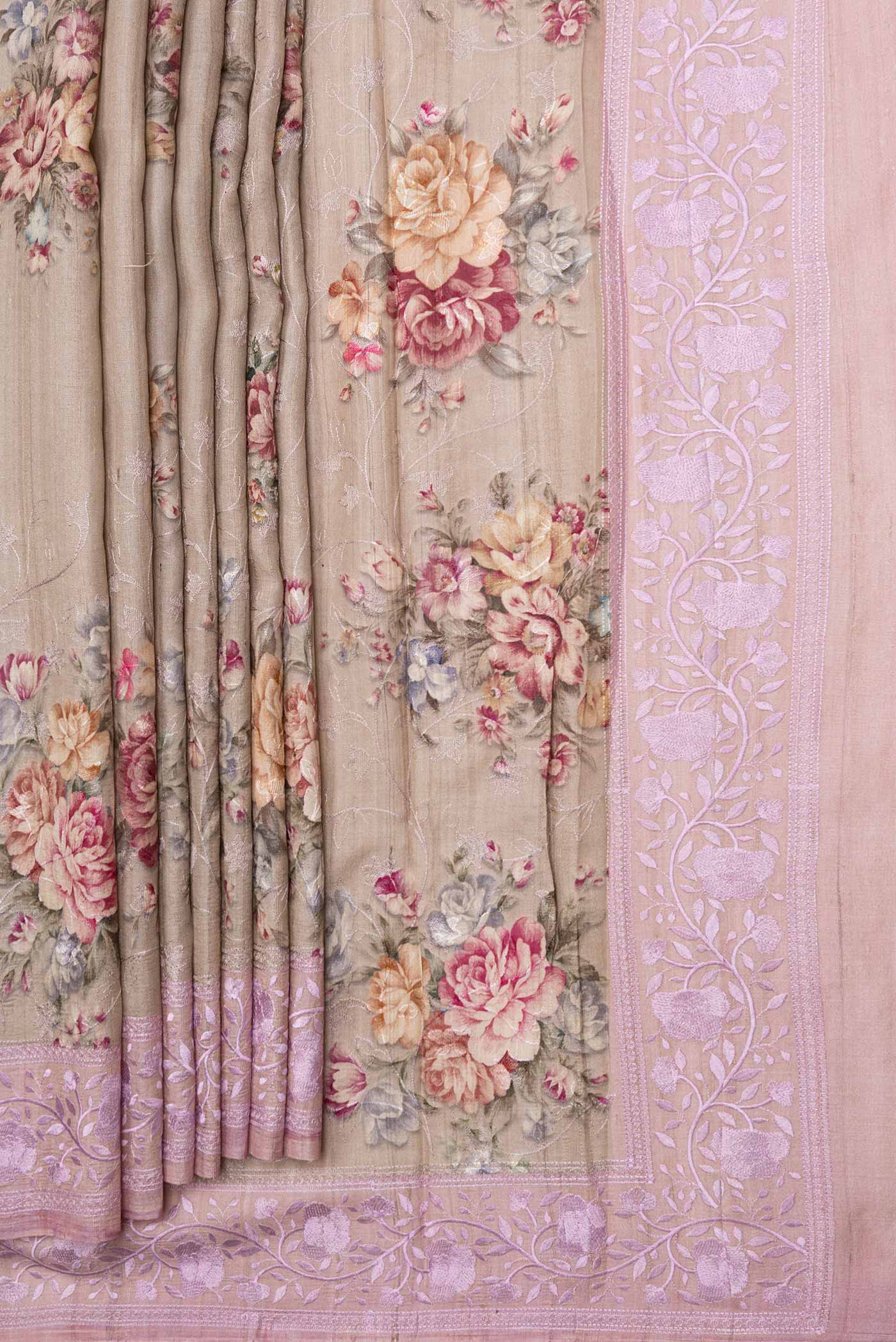 Pleats and pallu of Beige Dual Tone Tussar Silk Saree with Embroidery on the body and Embroidery Border