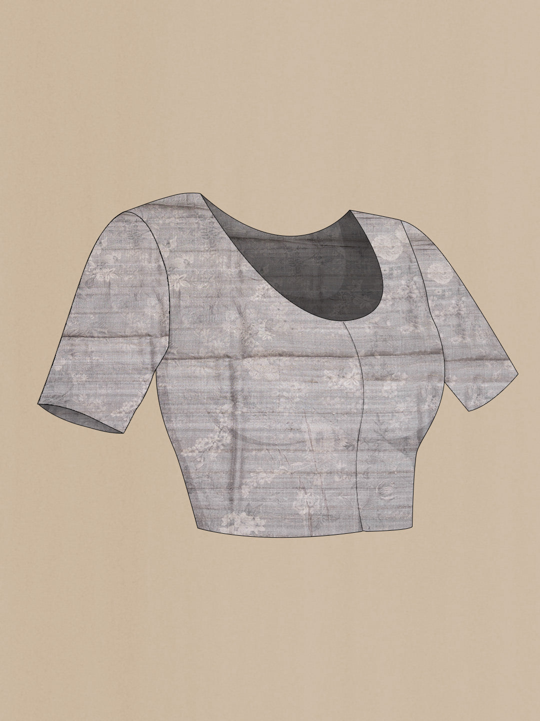 Close up image of the blouse of Grey Dual Tone Tussar Silk Saree with Printed design on the body and Printed Border