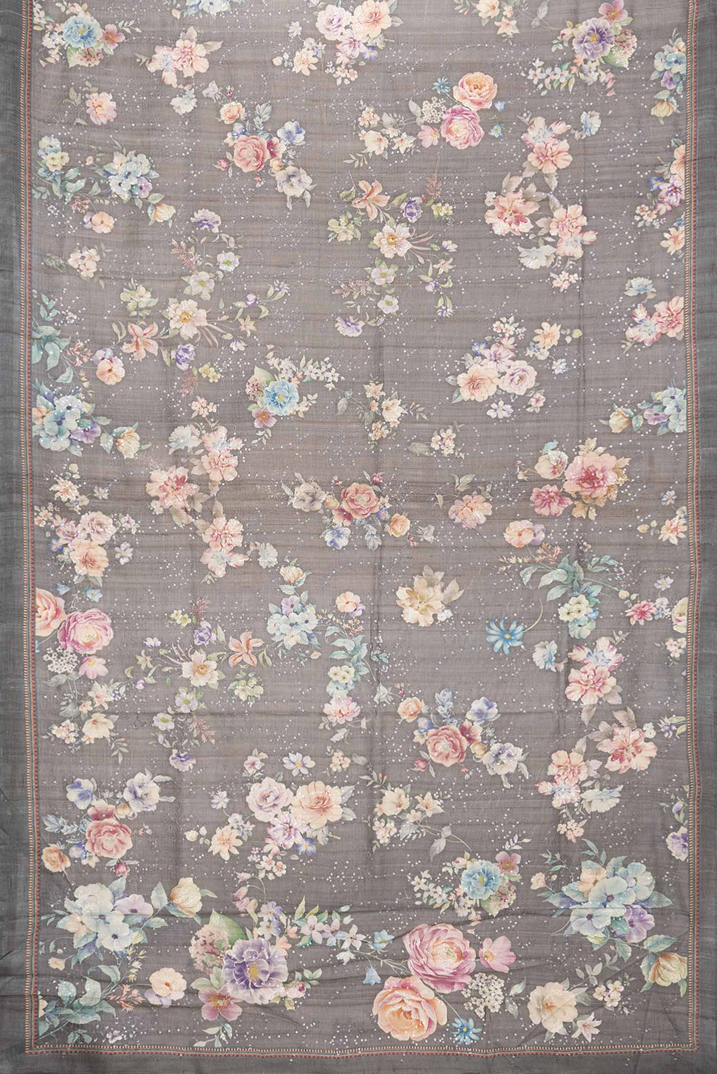 Flat view of Grey Dual Tone Tussar Silk Saree with Printed design on the body and Printed Border