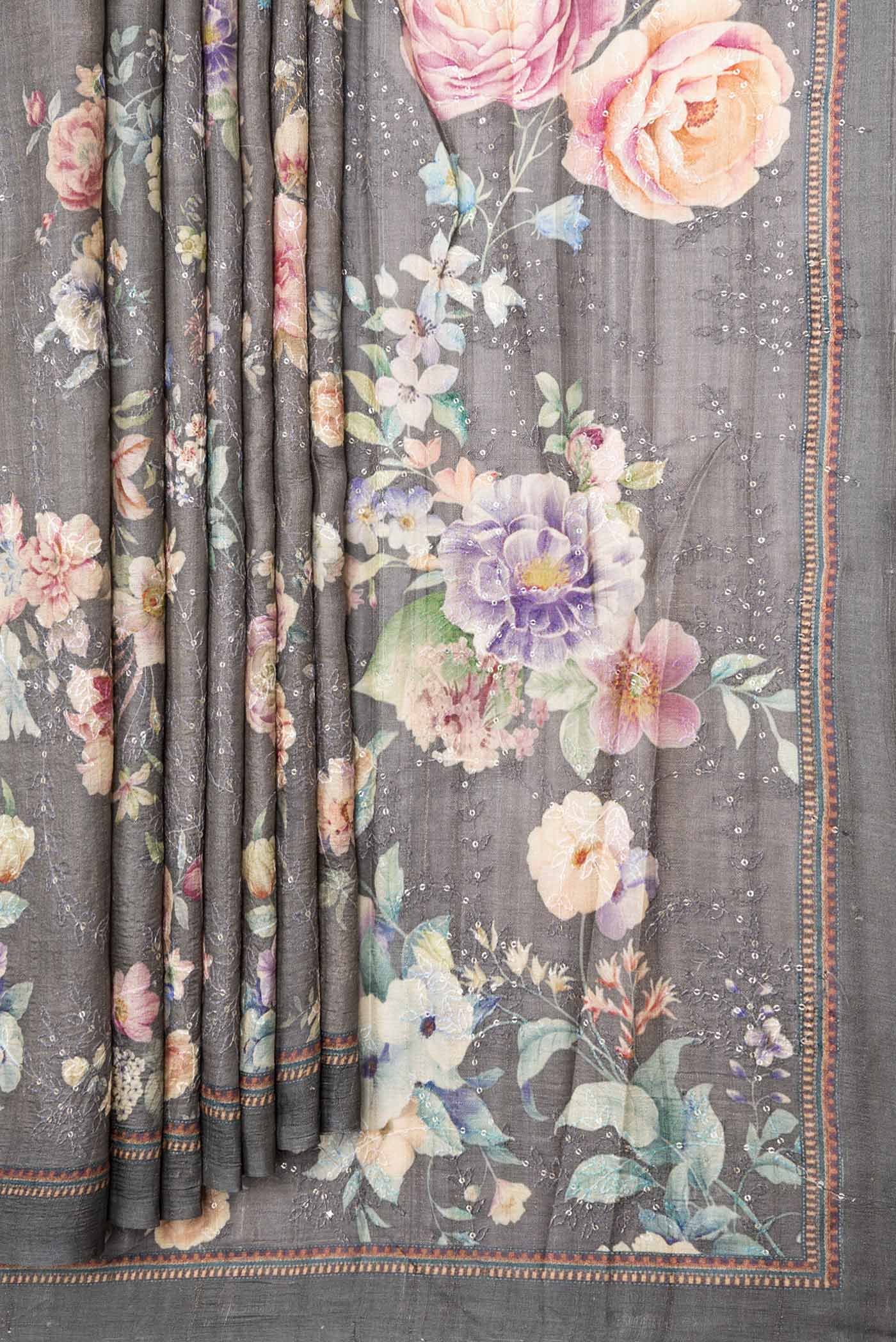 Pleats and pallu of Grey Dual Tone Tussar Silk Saree with Printed design on the body and Printed Border