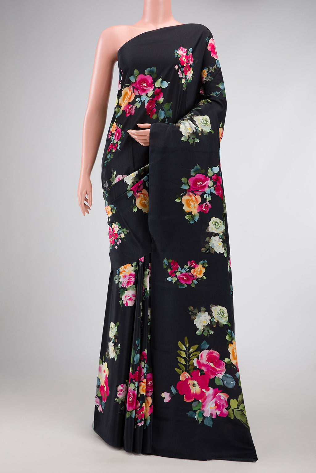 Black Dual Tone Mysore Crepe Saree with Printed design on the body and Without Border.  displayed on a mannequin