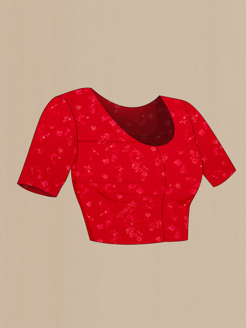 Close up image of the blouse of Red Dual Tone Mysore Crepe Saree with Printed design on the body and Without Border. 