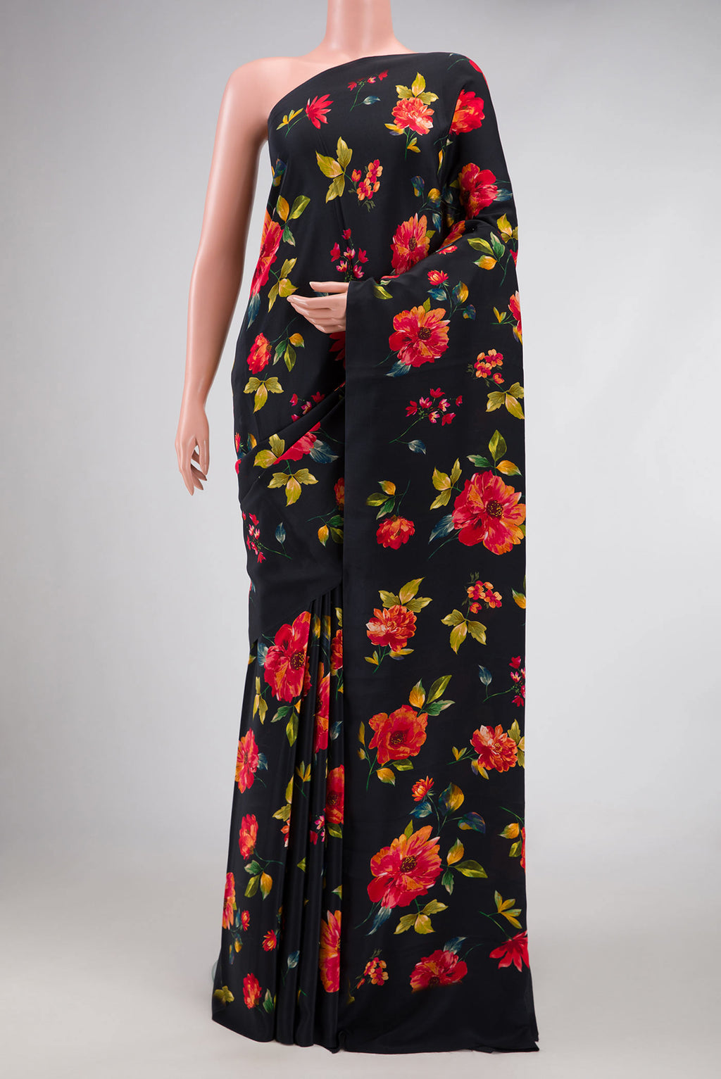 Black Dual Tone Mysore Crepe Saree with Printed design on the body and Without Border.  displayed on a mannequin