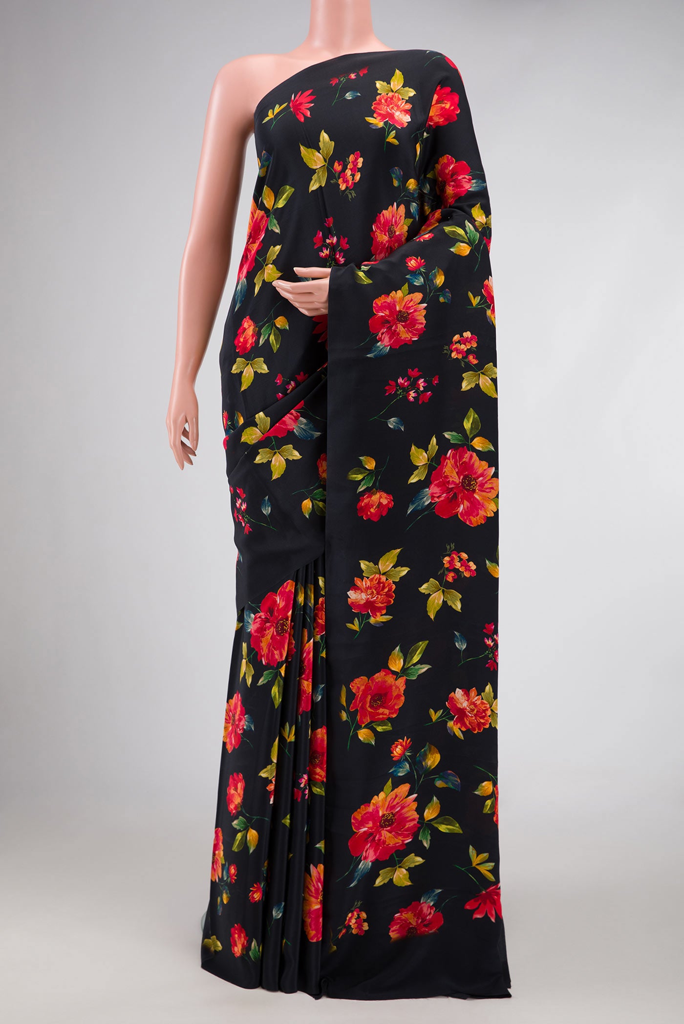 Black Dual Tone Mysore Crepe Saree with Printed design on the body and Without Border.  displayed on a mannequin
