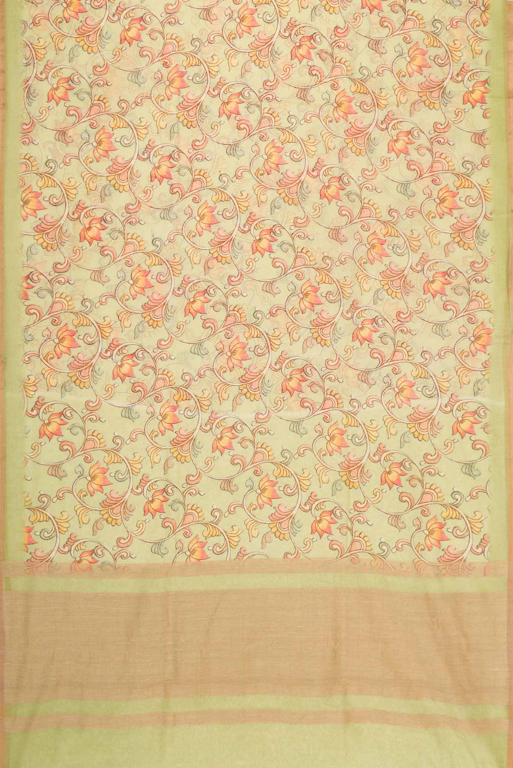 Flat view of Pista Green Dual Tone Chanderi Silk Saree with kalamkari Print on the body and Zari Border. 